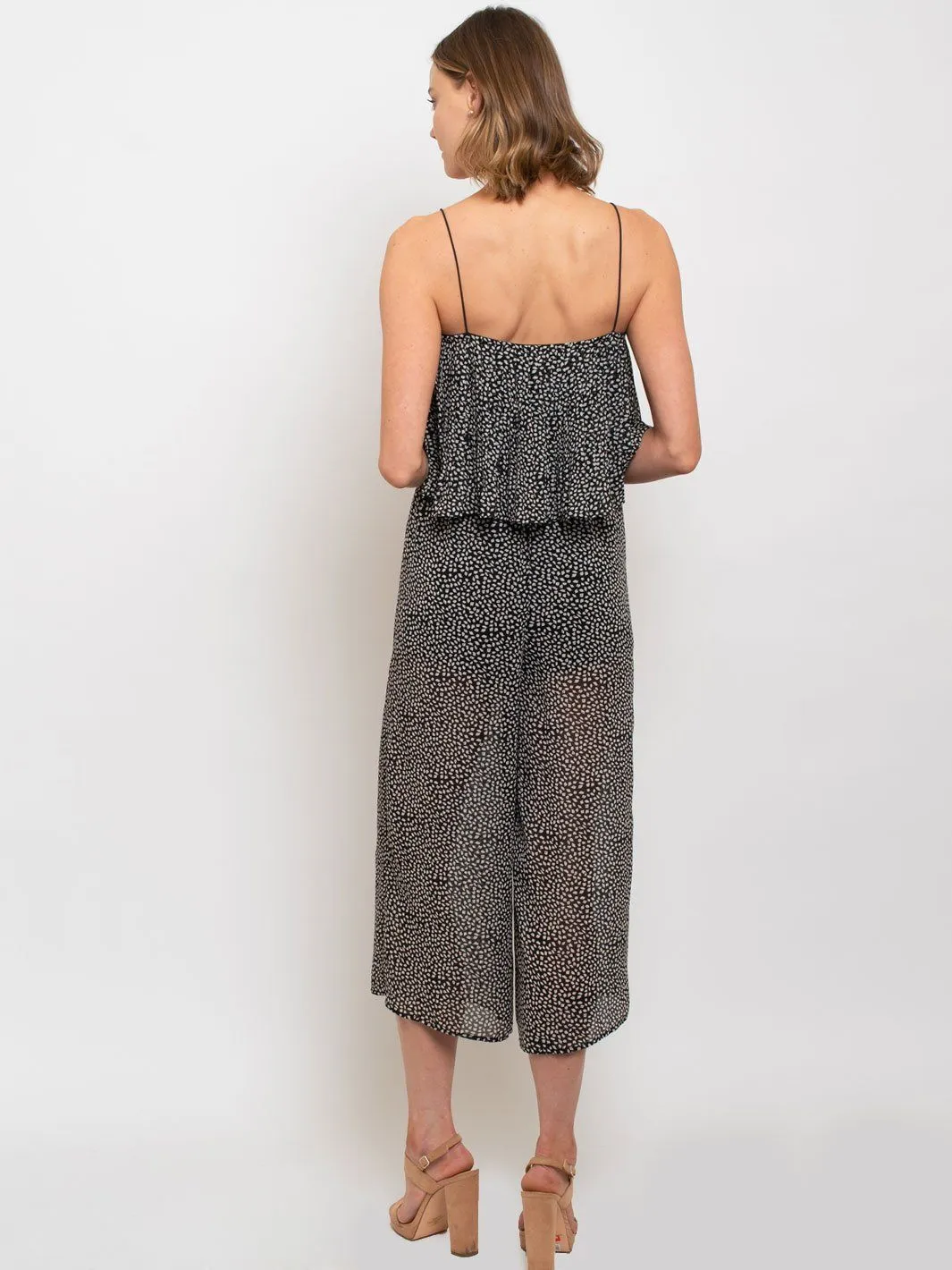 WOMEN'S WOVEN LEAF PRINT TIE FRONT JUMPSUIT