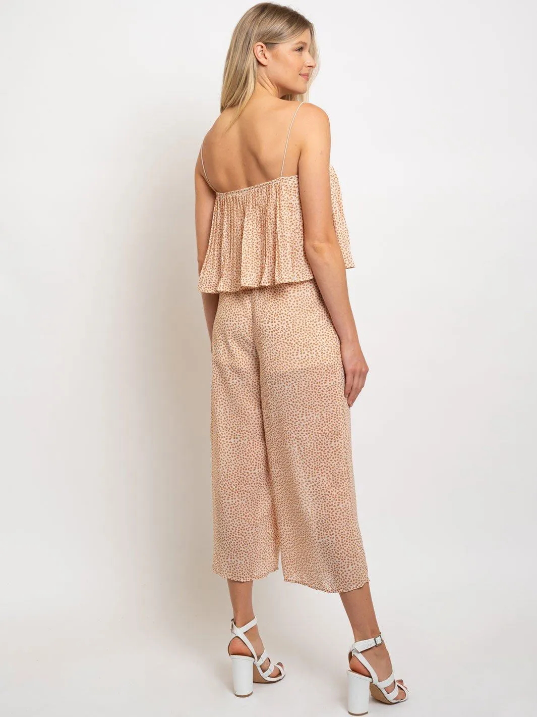 WOMEN'S WOVEN LEAF PRINT TIE FRONT JUMPSUIT