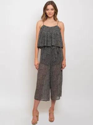WOMEN'S WOVEN LEAF PRINT TIE FRONT JUMPSUIT