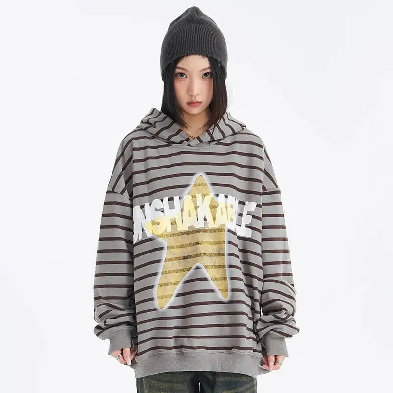 Y2K Oversized Hoodie with Bold Star Print in Striped Design