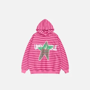 Y2K Oversized Hoodie with Bold Star Print in Striped Design