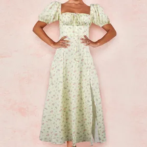 Yellow Square Neck Midi Dress With Front Slit