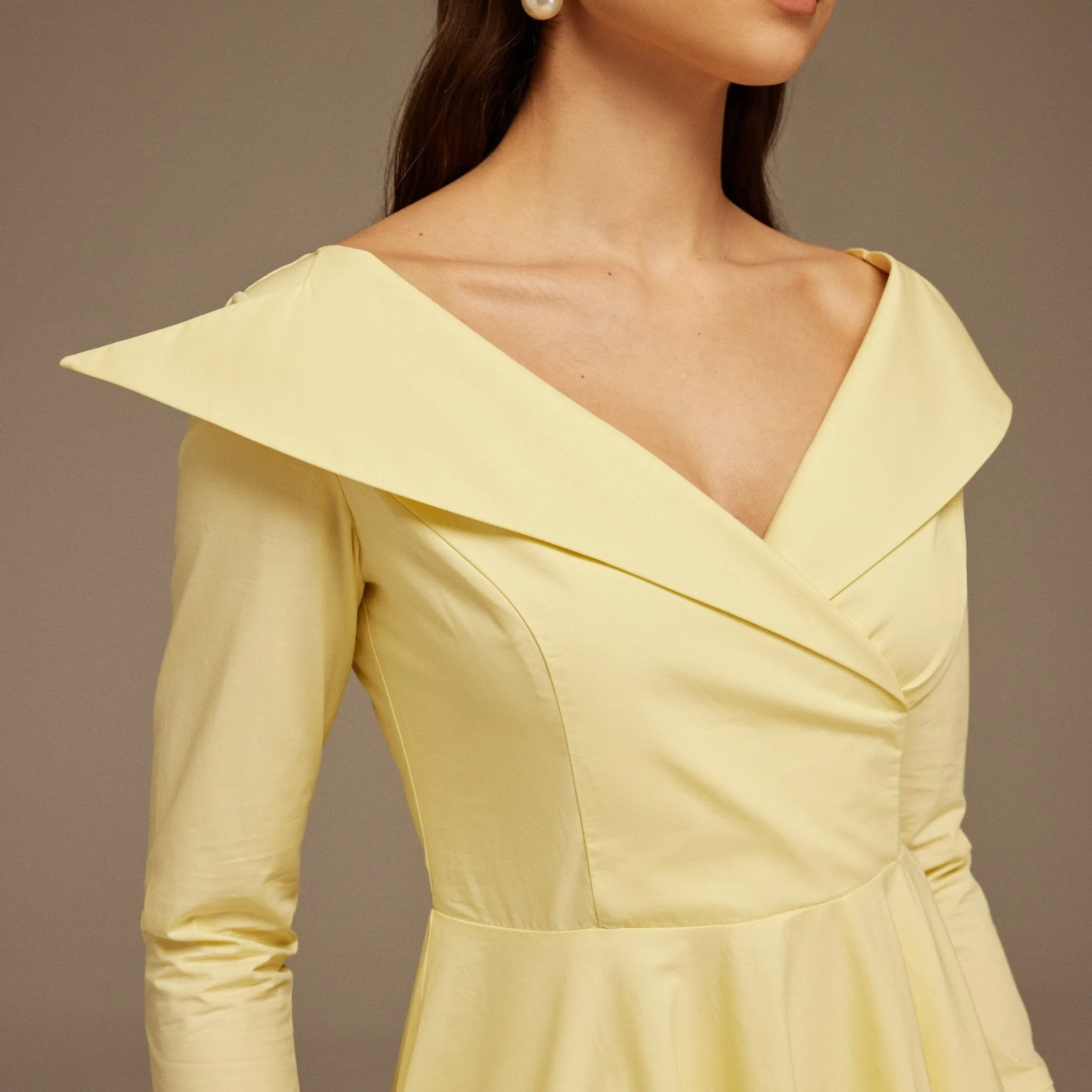 Yellow Wide Neck Long Sleeve Midi Dress