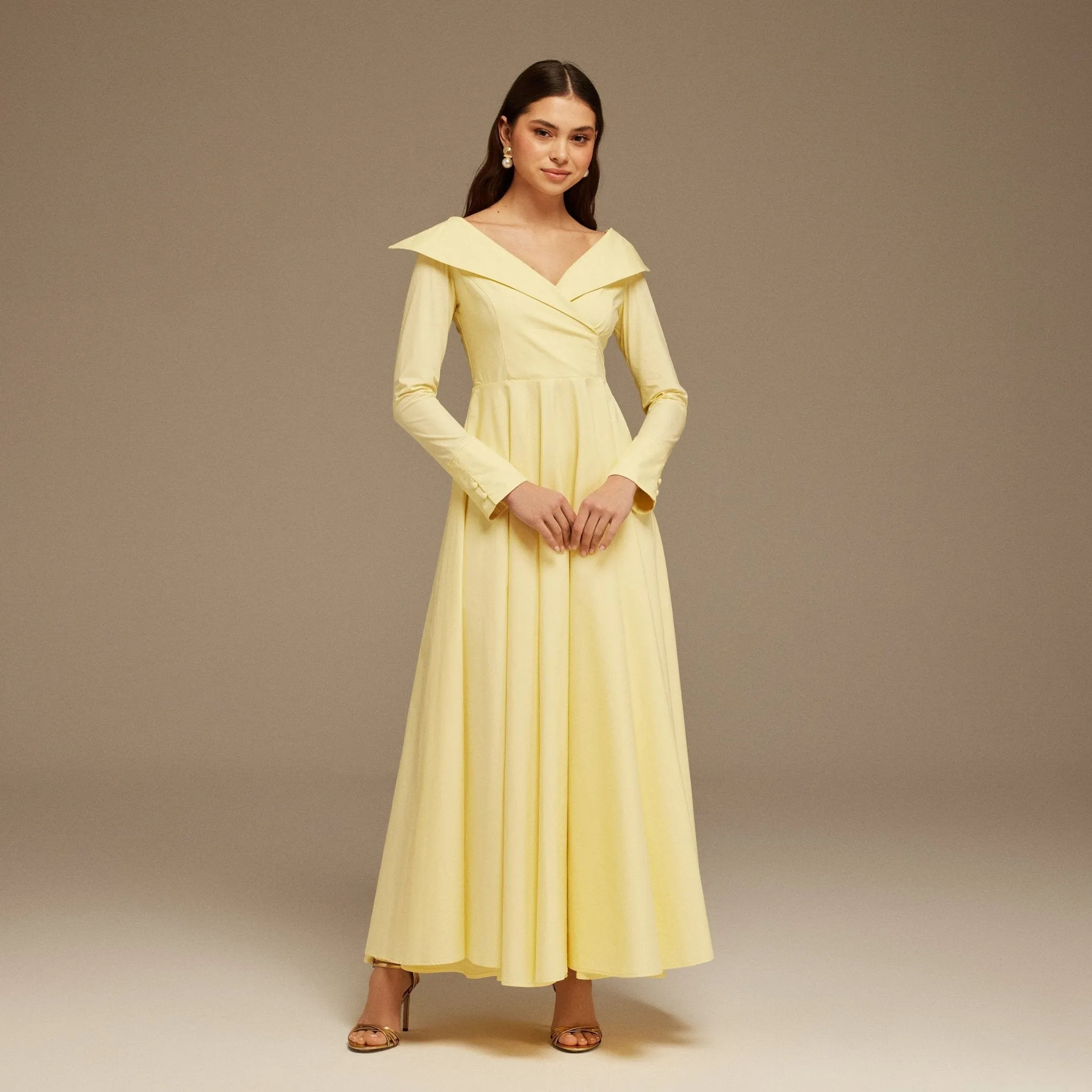 Yellow Wide Neck Long Sleeve Midi Dress