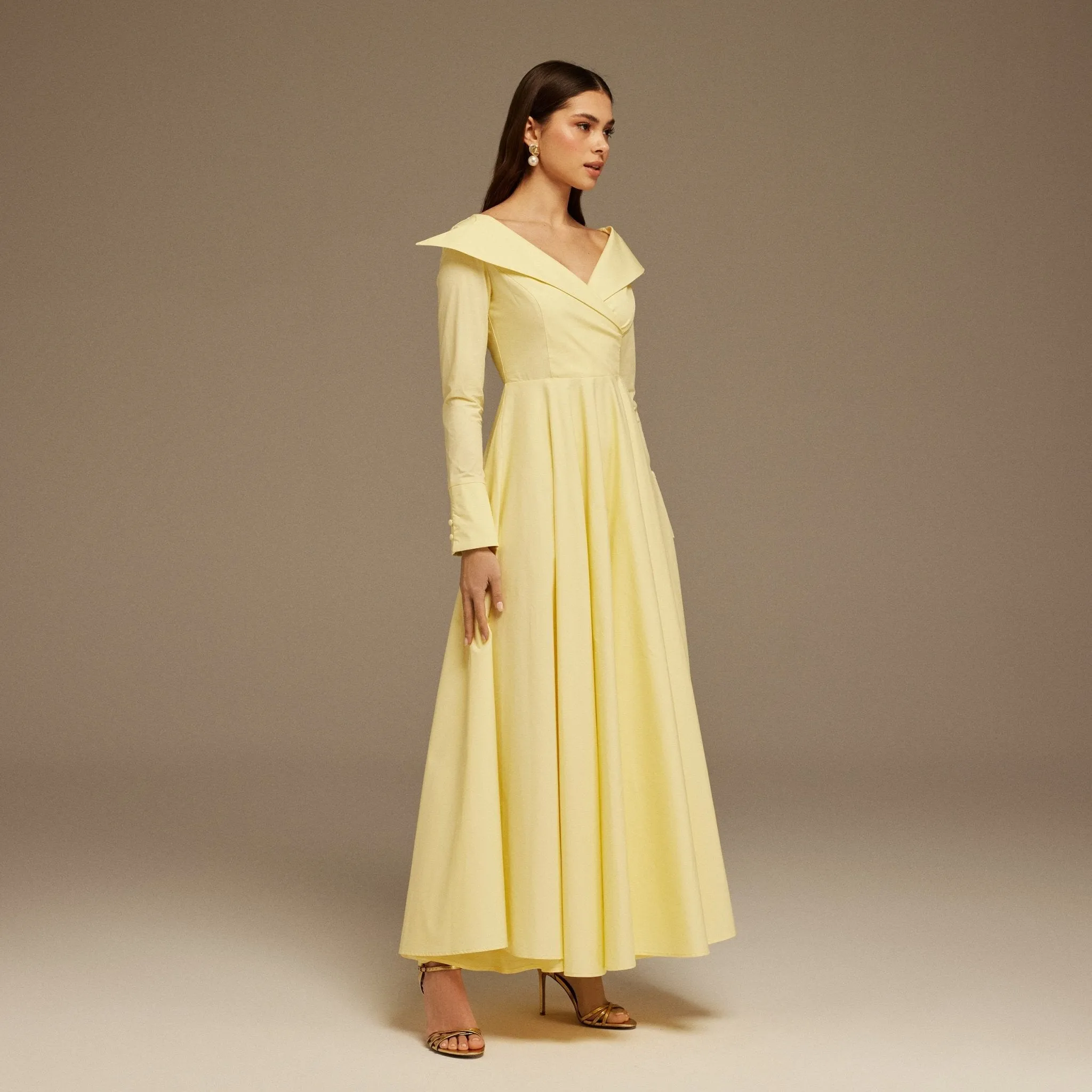 Yellow Wide Neck Long Sleeve Midi Dress
