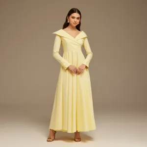 Yellow Wide Neck Long Sleeve Midi Dress