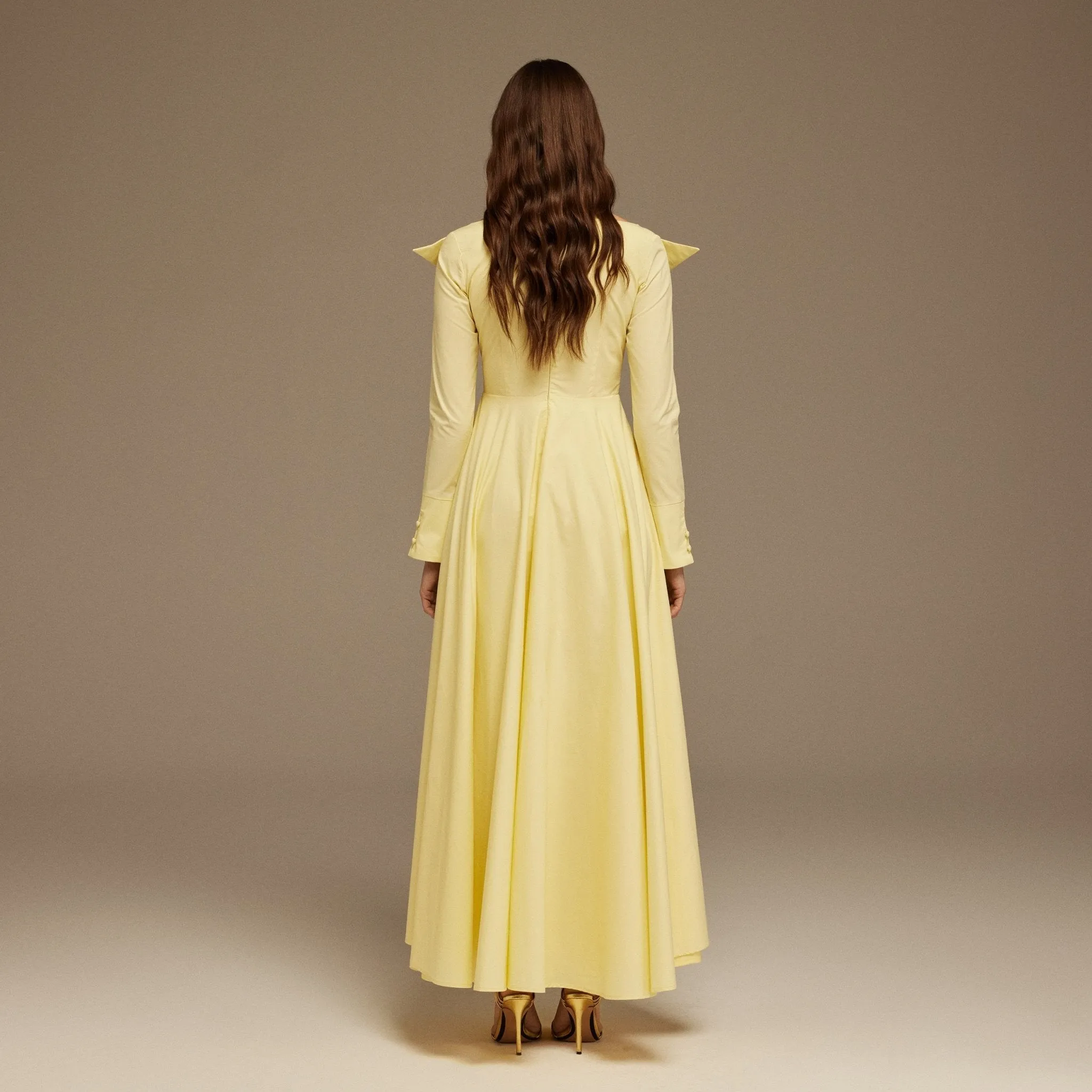 Yellow Wide Neck Long Sleeve Midi Dress