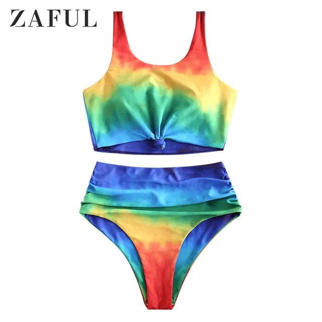 ZAFUL Tie Dye Knot High Waisted Tankini Swimsuit High Waisted Swimwear Women Push Up Bathing Suit Aesthetic Bikini Set 2019