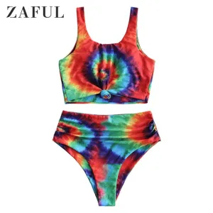 ZAFUL Tie Dye Knot High Waisted Tankini Swimsuit High Waisted Swimwear Women Push Up Bathing Suit Aesthetic Bikini Set 2019